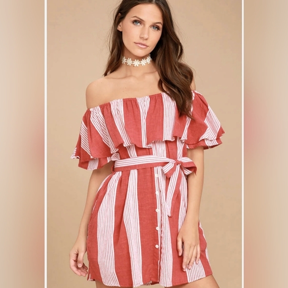Faithfull the Brand Lulu's Amalfi Rust Red Striped Mini Dress Size US 2 Pockets - Picture 1 of 13